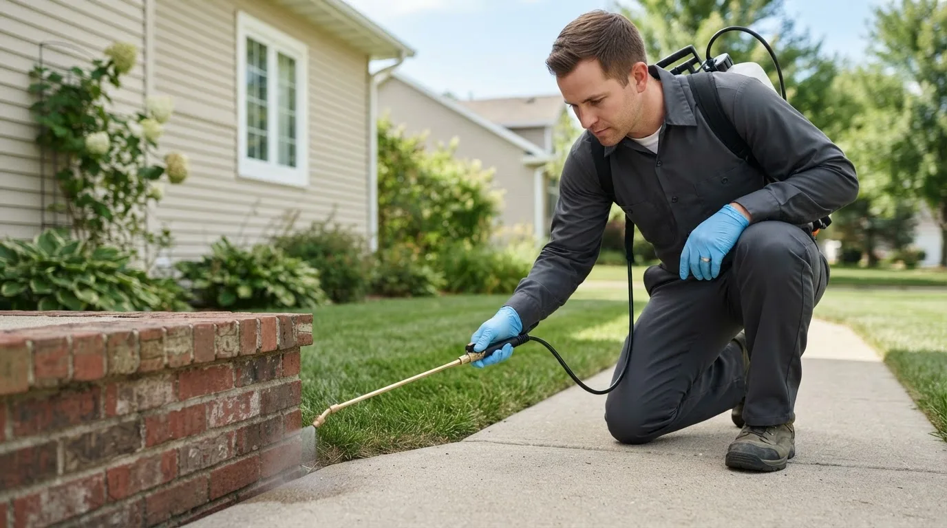 Pest control technician treating a home near Raymond, SD